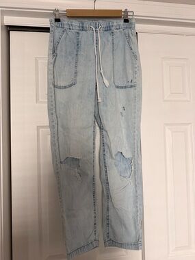 aerie Light Wash Distressed Straight-Leg Pants with Drawstring